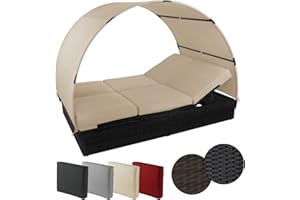 Montafox Sonnenliege Poly Rattan Doppelbett 200 x 140 cm Gartenliege 10cm Auflagen Dach Sonnendach Rücken/Fußelemente Verstellbar Doppelliege, Farbe:Titan-Schwarz/Sandstrand