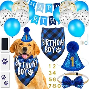 18 Pieces Dog Birthday Party Supplies, Pet Birthday Boy Bandana Dog Birthday Bandana Balloon Banner Pet Birthday Hat with 0-8 Figures Touch Ink Pad and Imprint Cards Dog Birthday Party Decorations