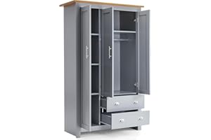 Blisswood 3 Door 2 Drawer Wardrobe For Bedroom MDF With Shelf Hanging Rail Cloth Storage Wooden Wardrobe With Drawer Large Cupboard Bedroom Furniture, Grey & Oak