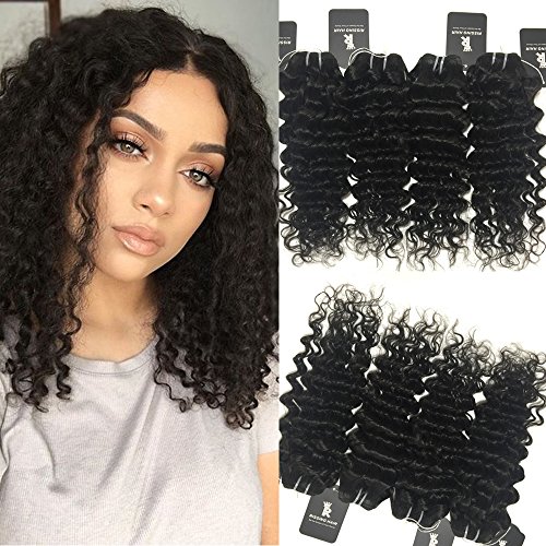 RISSING brazilian deep wave curly hair 4 bundles, 100% unprocessed human hair weft natural black color 50g/per Bundle, Brazilian Virgin Hair Deep Wave 10 10 12 12 inch 4 Bundles