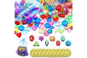 PXBSNB Akrylowe Diamenty dla Dzieci - 100 Sztuk Przezroczystych Kamieni Szlachetnych z 10 Złotymi Monetami - Kolorowe Kryształy