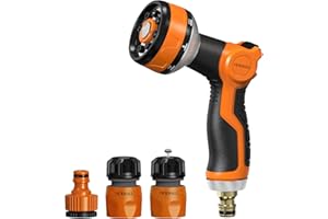 VICKMALL Hose Spray Gun with Hose Connector 8 Adjustable Patterns Hose Gun High Pressure Hose Nozzle with Flow Control Garden Hose Spray Gun for Watering Plants and Lawns Washing Cars and Pets, 50Ft