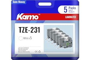 kamo 5 x taśmy kompatybilne z Brother P-touch 12 mm 0,47 taśmy TZe-231 TZe231 TZ-231 laminowane białe, do etykiet PT-P300BT PT-H100R PT-H110 PT-H110 PT-P700 PT-D410 PT-H200