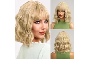 Mineup 35 cm Pelucas Rubias de Onda Corta con Flequillo, Longitud del Hombro Peluca, Pelucas Bob Cortas Pelo Onduladas, Pelucas Cortas Onduladas Naturales con Flequillo para Fiesta Peluca de Cosplay