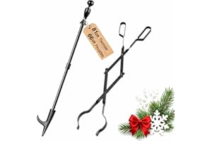AMAGABELI GARDEN & HOME Amagabeli Ensemble de 2 pièces d'Accessoires de Cheminée - Pince à Cheminée 66 cm et Crochet 81 cm pour Feu de Camp, Poêle à Bois | Kit d'Outils avec Pince à Feu pour Foyer