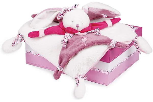Doudou et Compagnie - Doudou Plat - Lapin Cerise Rose et Blanc - Boite Cadeau - 17 Cm - Idée Cadeau de Naissance Fille - Garantie Doudou Perdu - DC2703