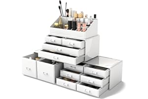 Readaeer Porta Trucchi Organizer, Scatola Portaoggetti a 4 Piani Liberamente Impilabili, Organizzatore per Trucco da Bagno Multifunzione Impermeabile e Antipolvere, con 12 cassetti.