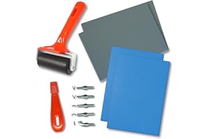 Essential Arts Polymer Block Lino Relief Printing Starter Kit – 4 x Sheets of Soft Polymer Blocks, Brayer Roller, Handle and 5 x Cutters