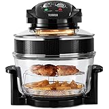 Tower T14001 Health Halogen Low Fat Air Fryer with Removable Glass Bowl, Extender Ring, Recipe Book, 1300W, 17 Litre, Black