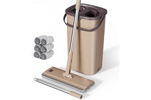 ‎MASTHOME Wischmopp Set mit Eimer, Masthome Wischmopp mit Auswringfunktion, Wischer Boden mit 6 Waschbaren Mikrofaser-Pads, Nass und Trockengebrauch,Bodenwischer Set für Alle Böden, Braun