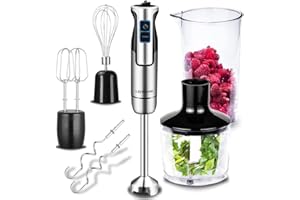 Lehmann Chowmei - Mixer manuale multifunzione con un set di accessori intercambiabili, 1300 W, contenitore dosatore da 600 ml, ciotola da 860 ml, funzione turbo, colore: argento/nero