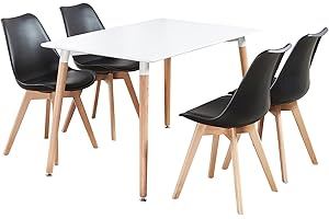 P&N Homewares® Lorenzo Dining Table and 4 Chairs Set Retro and Modern Dining Set White Black and Grey Chairs with White Dining Table (BLACK CHAIRS)