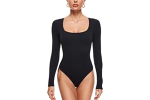 INLYRIC Damskie body z długim rękawem bez rękawów z okrągłym dekoltem prążkowane podkoszulki wyszczuplające body kombinezony