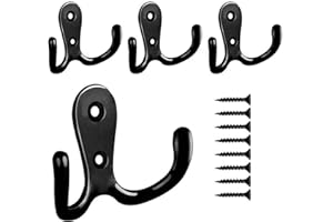 Yesmin 4 Pcs Double Prong Robe Hooks, Dual Coat Hooks Wall Mounted Hanging Clothes for Bathroom Bedroom Door Wall Retro Metal Cloth Hanger Double Coat Hooks with 8 Screws (Black)