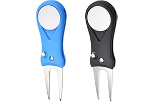 NUDFSY 2 Pieces Pitch Mark Repair Tool, Golf Repair Pitch Fork, Stainless Steel Golf Pitch Fork with Magnetic,Foldable Ball Marker Golf Pitch Fork for Golfer Training Repair Accessory Kit(Black,Blue)