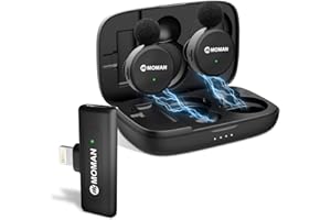 Bezprzewodowy mikrofon krawat, MOMAN CP2(A) Bezprzewodowy mikrofon lawowy do iPhone'a/Lightning z etui ładującym, mini podwójny mikrofon do Youtube, wywiad, Vlog, TikTok,