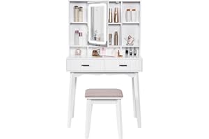 BEWISHOME Toeletta Trucco con Specchio e Luci LED 3 Tonalità con Luminosità Regolabile, Tavolo da Trucco con Sgabello, Ripiani Regolabili, Postazione Trucco,Tavolo da Toeletta Moderno Bianco EFST31W