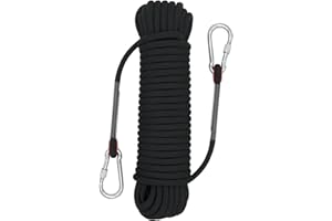 LUKASOHY Climbing Rope, 10mm Outdoor Safety Rope, Nylon Rope Static Rock Climbing Rope with Carabiner, Good for Mountaineering, Camping, Rescue, Fire Escape, Ice Climbing, Exploration (Black, 20m)