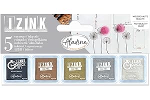 Aladine - Kit 5 Encreurs Classiques Métal - Encres pour Tampons - Or, Argent, Cuivre, Noir, Blanc - Izink Métalliques - Pour Personnaliser Invitations, Cadeaux, Menus, Étiquettes, Scrapbooking - 03945