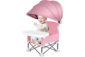 AUFQUWK Baby High Chair, Foldable Booster Seat Dining Chair, Portable Baby Beach Chair with Removable Tray and Sunshade, Baby Seat Travel HighChair, Baby Feeding Chair for Outdoor Picnics, Parties, Camping