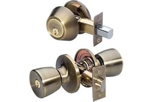 Master Lock Serrure de porte d'entrée à clé, pêne dormant monocylindre avec bouton de style tulipe assorti, laiton antique, TUCO0605, Combo