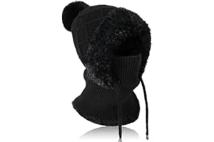 TAGVO Hiver Chaud Tricoté Bonnet Et Ensembles De Cache-Cou, Chapeau d'hiver Bonnet Tricoté Flexible Avec Boule De Poils, Cagoule Polaire Thermique Réglable Balaclava Femme pour Les Sports De Plein Air