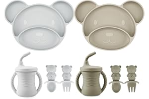 PandaEar Ensemble D'alimentation Pour Bébé En Silicone, Fournitures Pour Le Sevrage Mené Par Bébé 8 Pièces, Assiettes À Succion Divisées, Gobelet D'apprentissage, Cuillères Et Fourchettes Pour Bébé