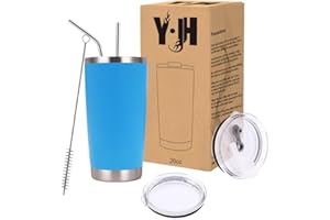 YJH Y·JH 20oz (550ml) Taza Termo Cafe Para Llevar - Vaso Con Pajita - Taza Térmica de Acero Inoxidable Reusable - 2 Tapas a Prueba de Salpicaduras Pajitas - Azul Celeste