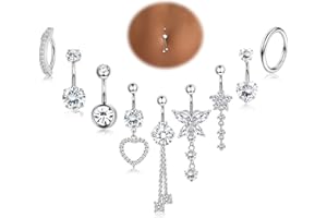 YADOCA 9Pcs 14G Piercing Nombril Acier Chirurgical Argent/Or, Piercing au Nombril CZ Piercing Nombril Anneau pour Femmes, Clicker Piercing Nombril Bijoux