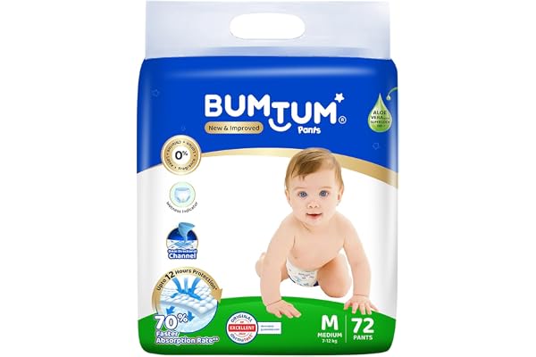 Bumtum Baby Diaper Pants, Medium Size, 72 Count, Double Layer Leakage Protection Infused With Aloe Vera, Cottony Soft High Absorb Technology (Pack of 1)