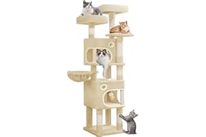 Hzuaneri Arbre à Chat Hauteur 159 cm, Tour de Jeux pour Chat avec 8 Griffoirs, 3 Plateformes, 2 Niches, Panier, Pompons, Convient Aux Chats de Toutes Tailles, Beige MS15918YL