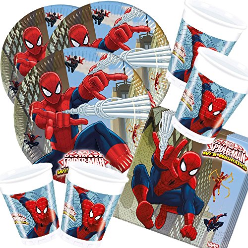 52-teiliges Party-Set Spiderman Web Warriors - Teller Becher Servietten für 16 Kinder