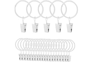 JINRETUTE 25 Pcs White Hanging Rings with Clips - Drapery Rings for Curtain Rods & Shower Hangers