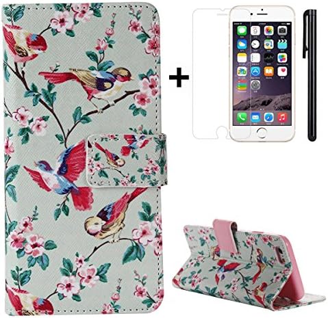 iPhone 6S Flip Case,iPhone 6/6S Wallet Case,Tebeyy colour bird Pattern PU Leather Flip Magnetic Book Wallet Protective Cover Case for iPhone 6 6S (4.7")with 1x Screen Protector +1x Stylus(Colors Random)