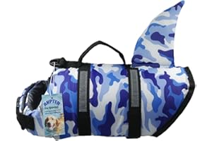 ANPTER Chaleco salvavidas para perros y mascotas, chaleco salvavidas para mascotas, tamaño ajustable con asa para perros pequeños medianos grandes (M, camuflaje azul para perros)
