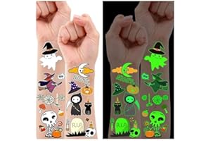 Leesgel Halloween Decorazioni, 10 Fogli Fluorescenti Tatuaggi per Bambini Scheletro/Strega/Zucche/Fantasma, Adesivi Gadget Festa Compleanno Accessori Party