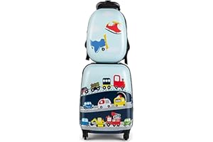 GOPLUS Kinderkoffer mit Rucksack, Kids Trolley, Kindergepäck mit Rollen, Reisekoffer mit Teleskopgriff, Hartschalenkoffer für Kinder, Kindertrolley Farbwahl (Kleinwagen, 12"+16")