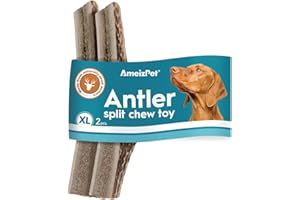 AmeizPet Cane Masticatore Di Corna, Corna Di Cervo, Osso Per Cani Di Piccola E Grande Taglia, Giocattoli Per Cani Di Lunga Durata, Osso Di Cervo - Taglia XL Corna Di Cervo Spaccate 2 Pezzi