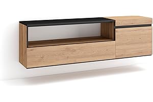 Skraut Home | Mueble TV | Televisión | Muebles de salón, almacenaje | 150x45x35cm | para TV hasta 65" | Colgado, Suspendido | Estilo Moderno | Roble y Negro