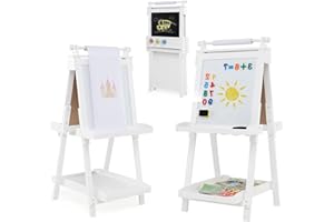 RELAX4LIFE 3 in 1 Cavalletto per Bambini Pieghevole in Legno, Altezza Regolabile, Lavagna Magnetica con Lavagna Bifacciale, con Rotolo di Carta, Vassoio e Accessori, 3+ Anni, 55x66x106-126cm (Bianco)