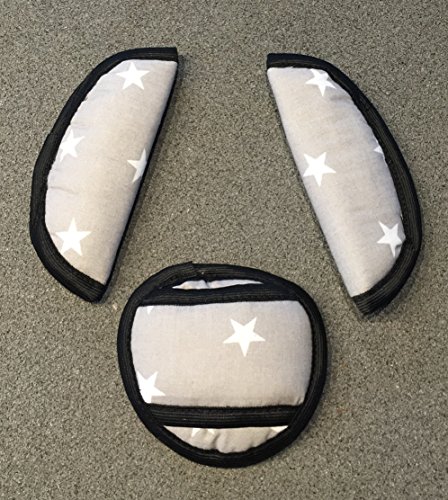 Baby Dreams Universal 3-Piece Seat Belt Pad Set + Step Pad for Maxi Cosi/Römer, Grey with White Stars – Infant GRUPPE0 New Stars