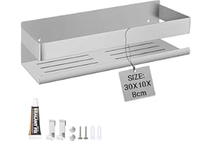EXLECO Mensola Doccia Parete 30CM Mensole Senza Foratura Bagno con 2 Ganci Mobili, Porta Oggetti Organizer Bagno Autoadesivo, Porta Shampoo Doccia Appendere, Portasapone Doccia in Acciaio Inox Argento