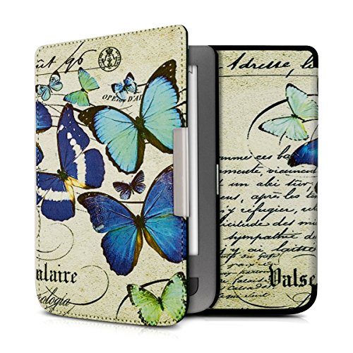 kwmobile Hülle für Pocketbook Touch Lux 3 / Touch Lux 2 - Flipcover Case eReader Schutzhülle - Bookstyle Klapphülle Schmetterlinge Vintage Design Blau Mintgrün Beige