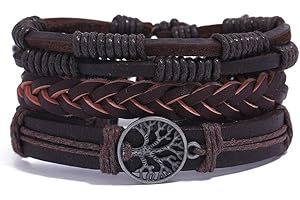 Branets Bracelet en cuir pour homme pour homme Arbre de vie Bracelets tressés Punk Goth Vintage Bracelets perlés à la main réglable Bracelet corde Wrap Set