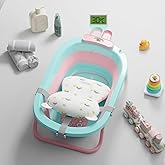 Lifelong Cuppy Baby Bath Tub for 0-3 Years, Newborn Baby Essentials, Foldable Kid-Friendly - Mini Swimming Pool Tub, Padded Cushion & Thermometer, Por