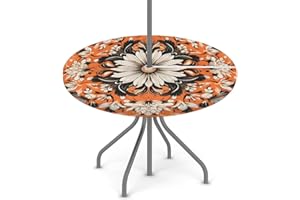 KNEMI Outdoor Round Tablecloth with Umbrella Hole, Mandala Patio Table Cover Fitted Tablecloth Waterproof Umbrella Table Cover for Party Picnic,Fit for 36"-44" Round Tables