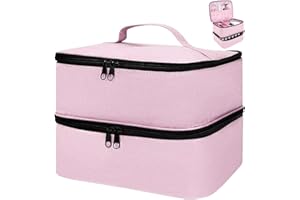 ADERTOS Borsa Porta Smalti a 2 Strati Organizzatore per Smalto Impermeabile Pochette Porta Smalti in Nylon per 30 Flaconi a 15 ml Valigetta Porta Smalti e Lampada Unghie UV, 25*20*19cm, Rosa Chiaro