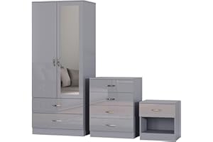 Nera High Gloss Bedroom Furniture Set 3 Piece Set Wardrobe with Drawers Chest of Drawer Bedside Table Bedroom Storage (With Mirror Gloss Grey(Matt Grey))