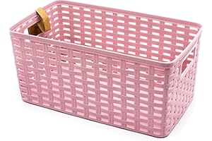 CABLEPELADO Cesta de Almacenamiento Organizador | Cesta de Almacenaje Multiuso | Caja Organizadora | Cesta de baño | 15.5 cm altura x 33 cm largo x 22 cm ancho | Capacidad 10 litros | Rattan | Rosa