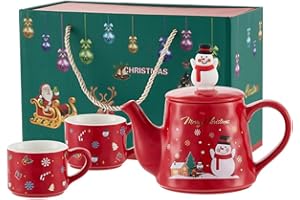 EPLZE YBK Tech Novelty Tea for 2, Ceramic Coffee Pot Teapot and 2 Cups - Christmas Series, Snowman Pattern (Red)